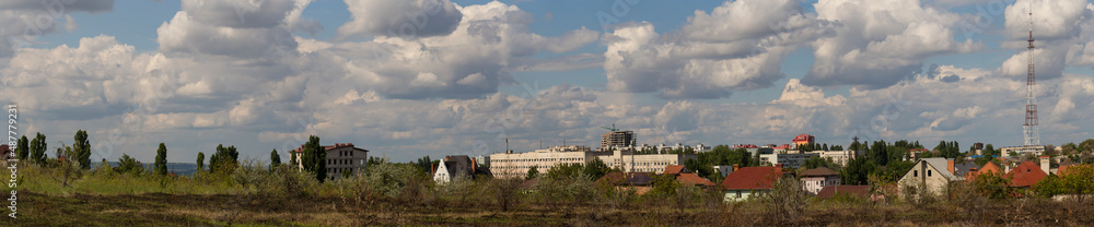 Outskirts of Chisinau. Panorama with the capital of Moldova. Cloudy sky before the rain.