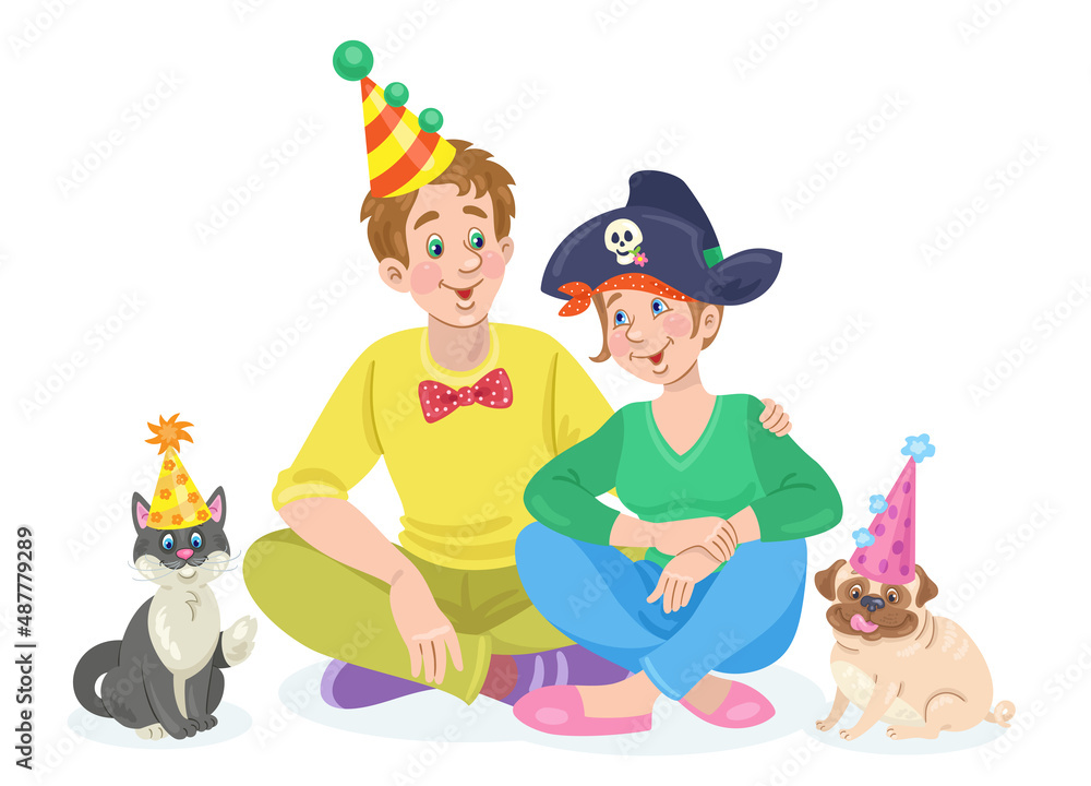 Fototapeta premium Cute young couple, a man and a woman, are sitting embracing in holiday hats with their pets. In cartoon style. Isolated on white background. Vector flat illustration.