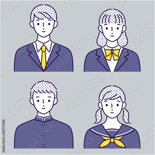 ブレザーの女子生徒・男子生徒とセーラー服の女子生徒・学ランの男子生徒のイラスト 