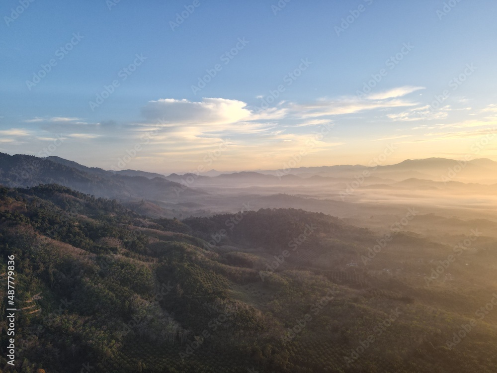 Aerial view landscape sunset over mountain Aerial view landscape sunset over mountain