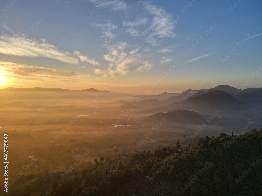 Aerial view landscape sunset over mountain