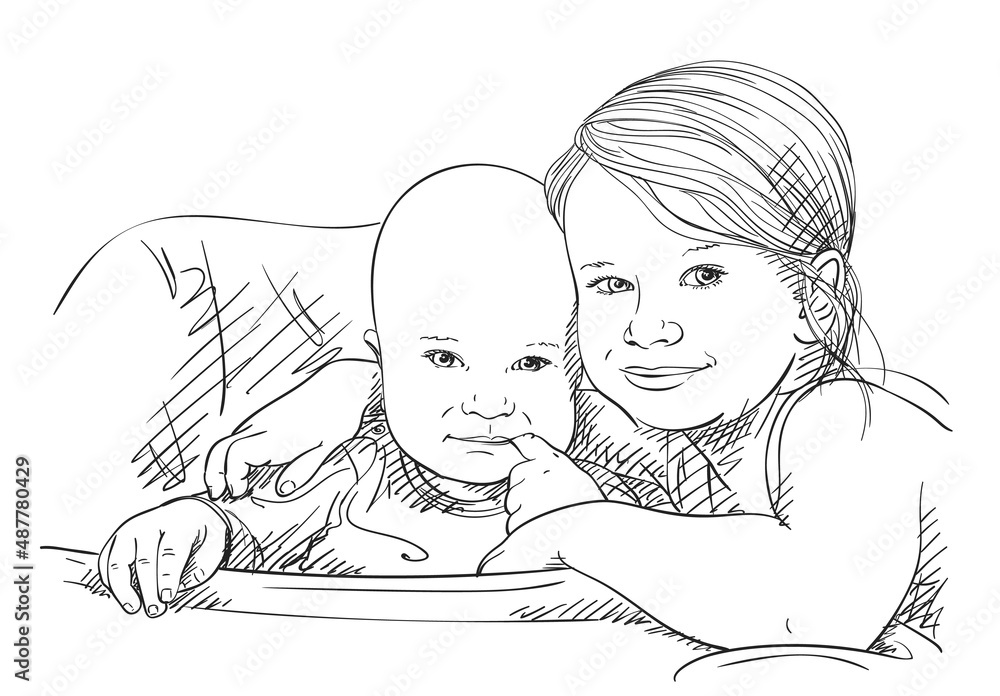 Φωτογραφία kids older sister girl and little brother boy siblings love vector sketch