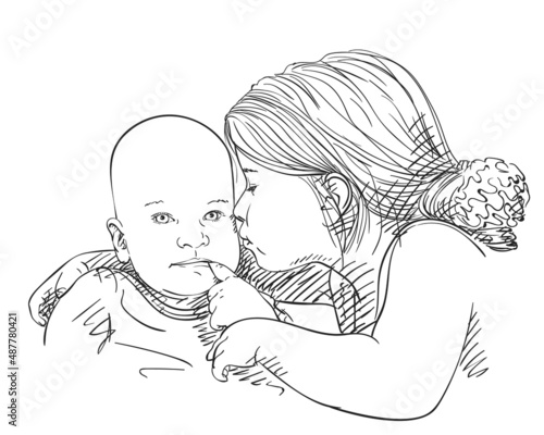 kids older sister girl and little brother boy siblings love vector sketch