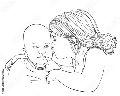 kids older sister girl and little brother boy siblings love vector sketch