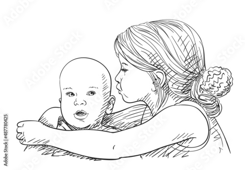 kids older sister girl and little brother boy siblings love vector sketch