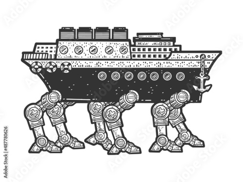 Fantastic fiction steamship vessel on mechanic robotic legs sketch engraving vector illustration. T-shirt apparel print design. Scratch board imitation. Black and white hand drawn image.