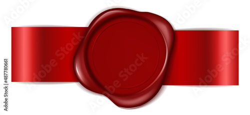 Red ribbon with wax seal. Realistic rubber stamp