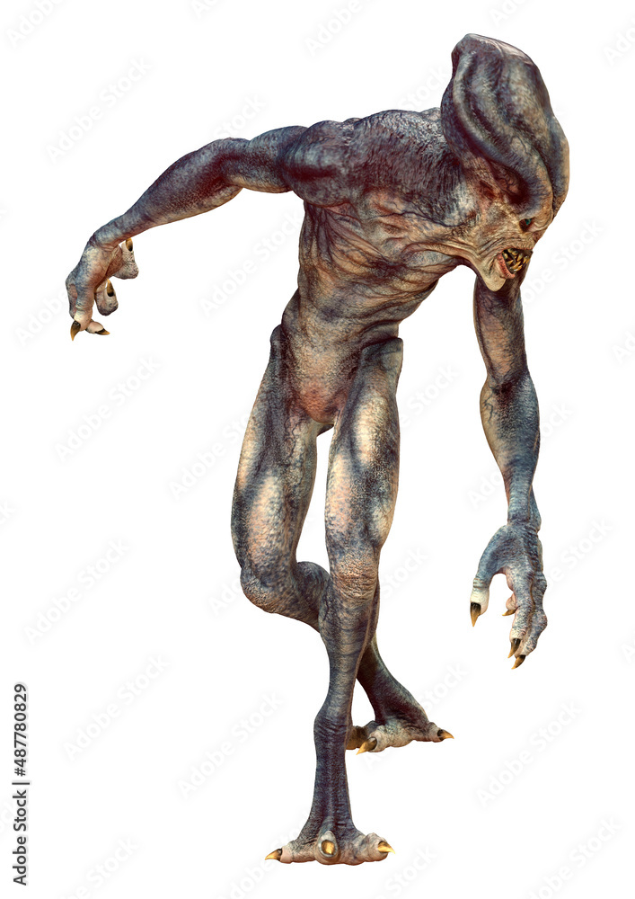 3D Rendering Blue Alien on White