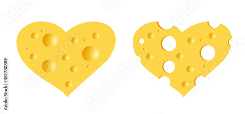Heart, love piece of cheese with holes icon or symbol. For Valentine or Valentine's day. Vector fresh yellow food or snacks background. Cheese pictogram. Cross-section, Cheese slices Breakfast