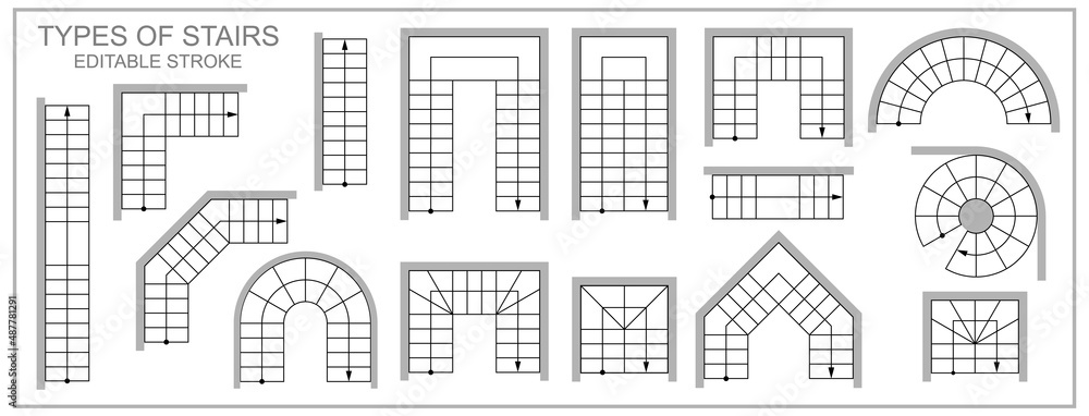 Stairs top view symbol. Types of stairway in plan or map for blueprint or project. Architectural schematic set of isolated objects. Vector icons on white background