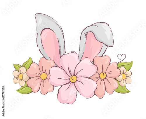 Vector illustration of an Easter bunny with flowers. Bunny ears with beautiful flowers isolated on white background.