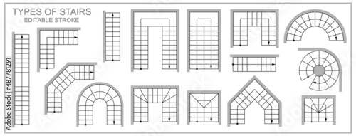 Stairs top view symbol. Types of stairway in plan or map for blueprint or project. Architectural schematic set of isolated objects. Vector icons on white background