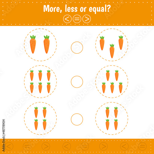 Mathematics educational game for children. Learning counting and algebra kids activity. Complete the mathematical equation task, choose more, less or equal