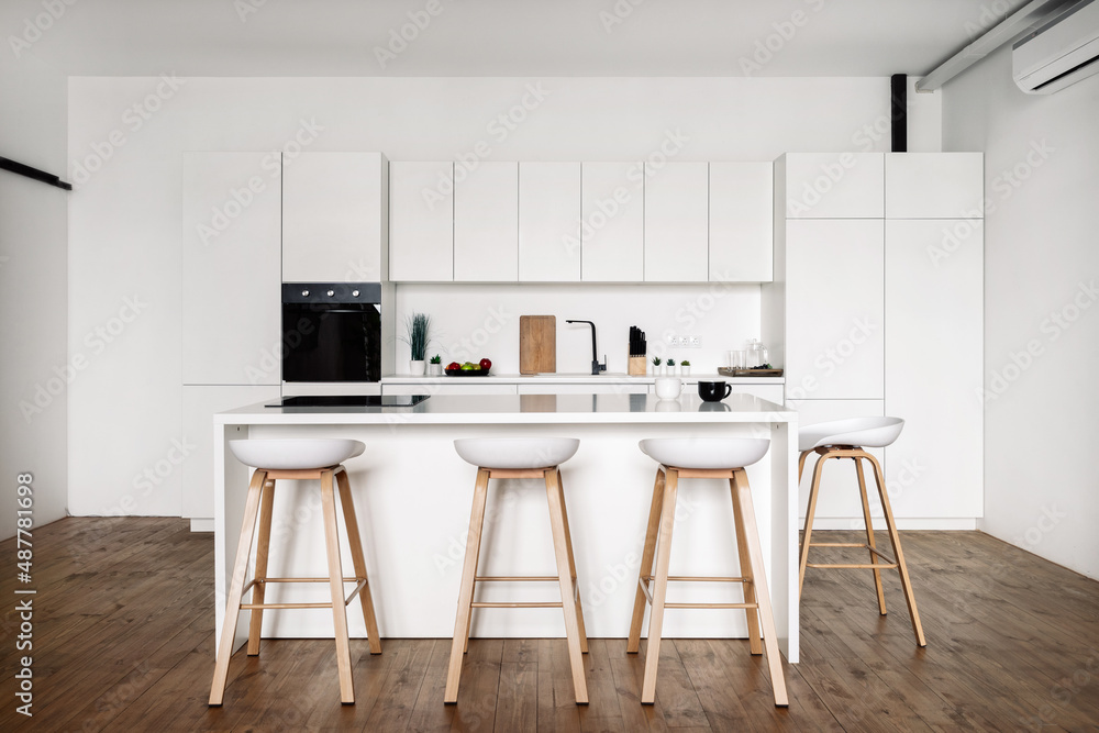 Nordic styled kitchen interior design with furniture and appliances