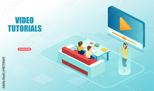 Vector of children learning watching video tutorials learning online