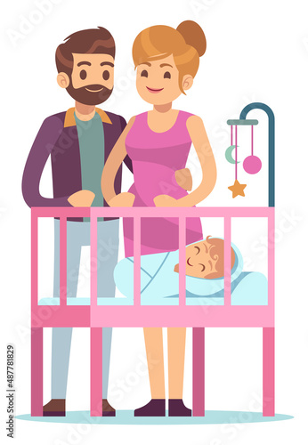 Smiling parents looking at newborn in crib. Happy family