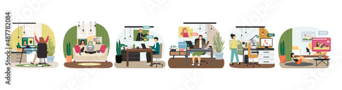 Video call scene set, flat vector isolated illustration. Online communication. Video chat app.