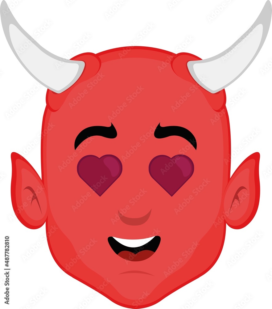 Vector illustration of the face of a little devil with heart-shaped eyes, concept of love and valentine Vector illustration of the face of a little devil with heart-shaped eyes, concept of love and valentine
