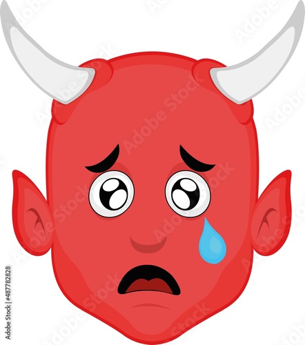 Vector illustration of the face of a cartoon devil with a sad expression and a tear falling from his eye