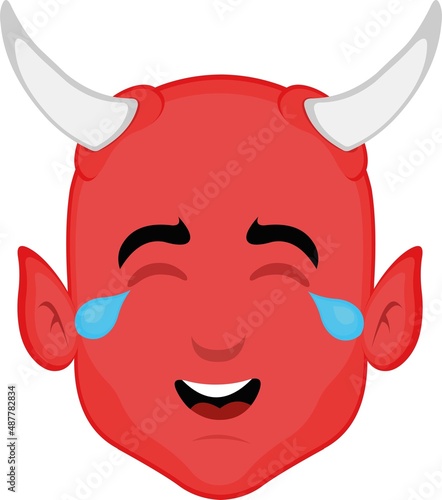 Vector illustration of the face of a little devil with a happy expression and tears of laughter