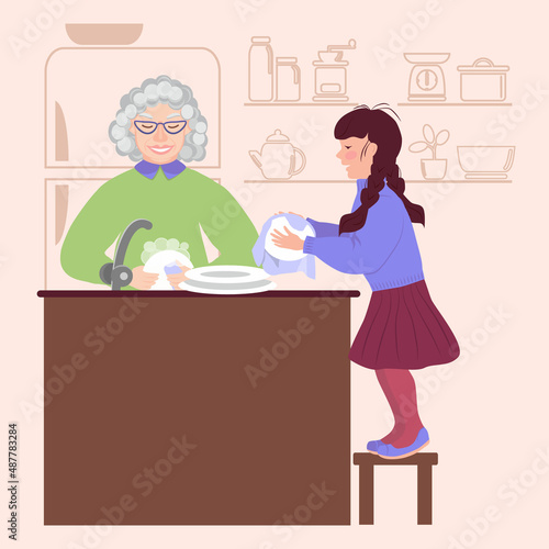 Granddaughter helps the grandmother to wash the dishes. Little girl wipes a plate with a towel. Silhouette of a refrigerator and kitchen utensils in the background. Housework. Vector illustration