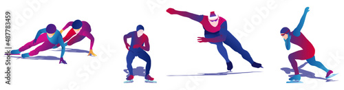 Cartoon illustration of abstract men skating on ice on an abstract white background. Speed skating photo