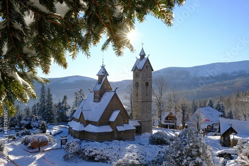 Canvas Print Old wooden stave church Vang (Wang) in winter