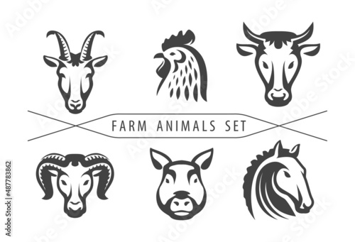 Farm animals set - Cow, Chicken, Ram, Pig, Horse, Goat. Template for Butcher shop, store, meat market and packaging