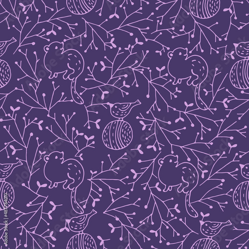 Pattern of pears and flowers, seamless pattern white. Line drawing. Vector print. Trendy purple color