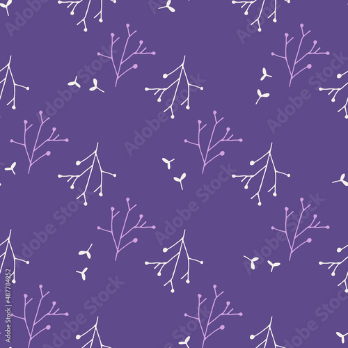 Tree leaves, wild rose, bush thickets seamless pattern in white. Line drawing. Naturalness of materials. Vector print. trendy purple color. Vector print. Trendy purple color