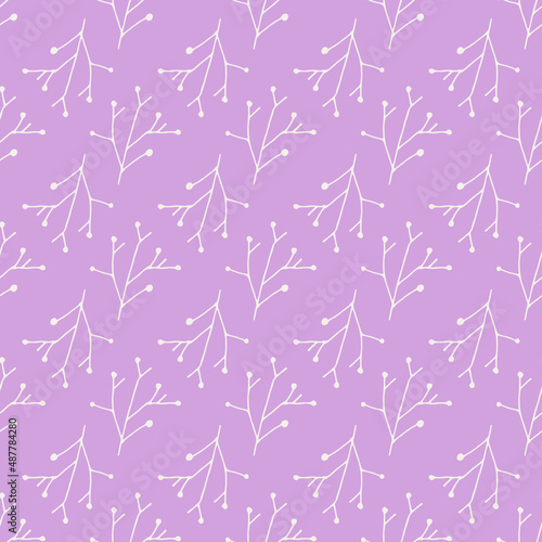 Tree leaves, wild rose, bush thickets seamless pattern in white. Line drawing. Naturalness of materials. Vector print. trendy purple color. Vector print. Trendy purple color