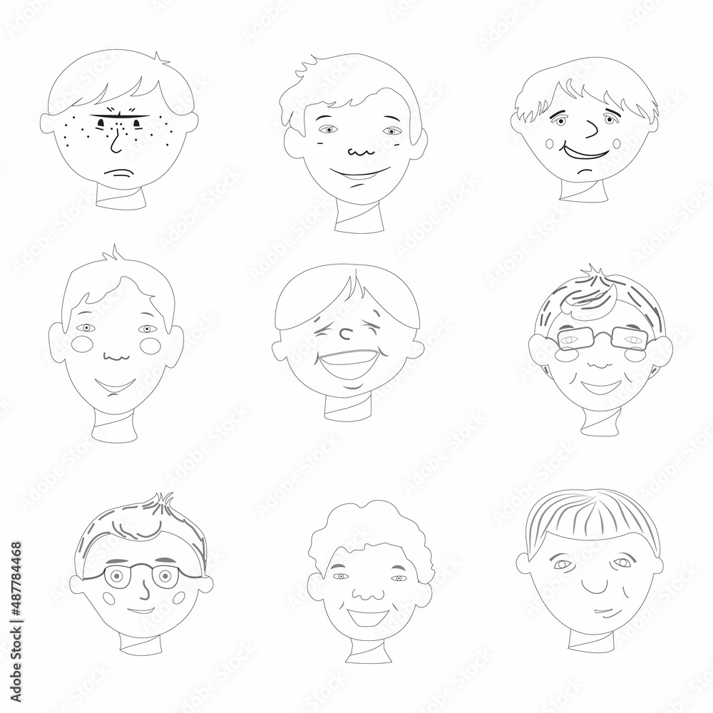 A collection of boys' faces with different emotions. Vector illustration of doodles. A set of cute avatars. A collection of boys' faces with different emotions. Vector illustration of doodles. A set of cute avatars.