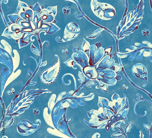 Paisley watercolor floral pattern. Jacobean floral tile: flowers, flores leaves. Oriental indian traditional hand painted water color whimsical seamless print design. Abstract india batik background