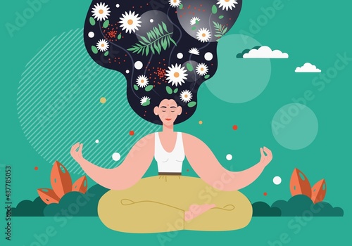 Woman meditating in nature, vector illustration. Girl sitting in yoga position. Mindfulness, relaxation, zen, harmony.