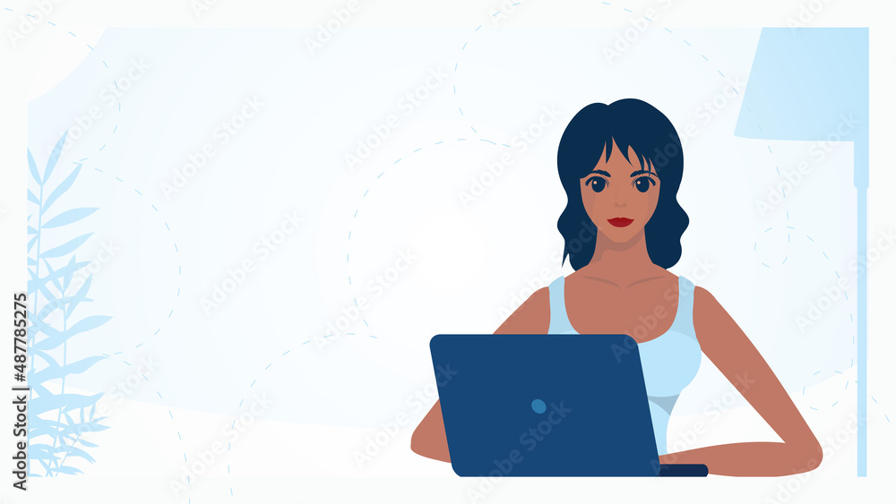 Woman with laptop Concept of work, education and shopping. Cute illustration in flat style. Woman with laptop Concept of work, education and shopping. Cute illustration in flat style.