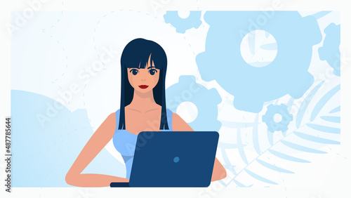 The girl works behind a laptop The concept of work, education and shopping. Vector illustration.