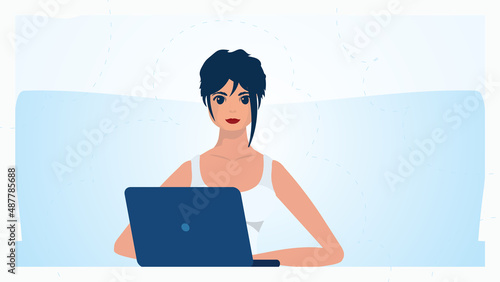 The girl works behind a laptop The concept of work, education and shopping. Cute illustration in flat style.