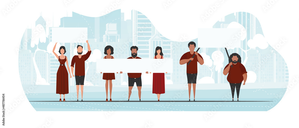 Guys and girls are protesting. Banner in blue tones. Vector illustration.