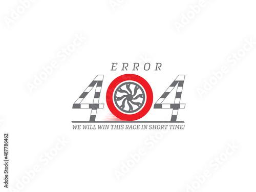 Error 404 concept design with car tyre design. Webpage internet security warning to use in programming, web development, mobile app design projects.