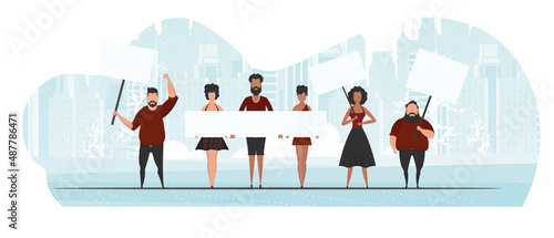 Guys and girls are protesting. Banner in blue tones. Vector in cartoon style.