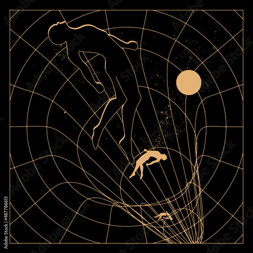 Human falling into unknown abstract addiction psychologic concept with a funnel into which a person is drawn on black background. Vector illustration