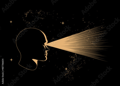 Looking forward or looking ahead or planning or human vision concept illustration with human head silhouette and rays coming out from eyes on black starry background. Vector illustration