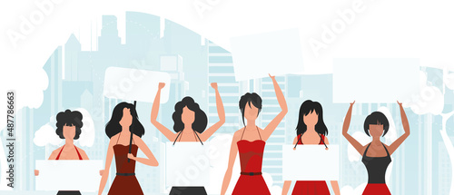 A group of girls are protesting. Banner in blue tones. Vector illustration in a flat style.