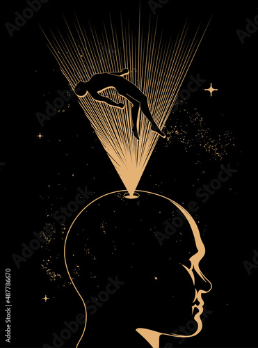 loneliness or lostness psychologic concept with human head and levitating human body projection from it on dark background. Struggle with depression metaphor. Vector illustration photo