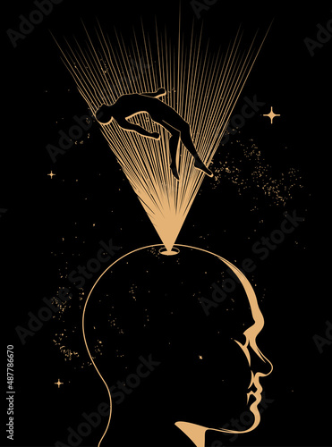 loneliness or lostness psychologic concept with human head and levitating human body projection from it on dark background. Struggle with depression metaphor. Vector illustration