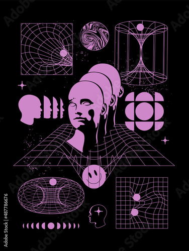 Abstract human mind and imagination mental concept with human head silhouette surrounded by the set of the abstract shape constructions on black background. Vector illustration