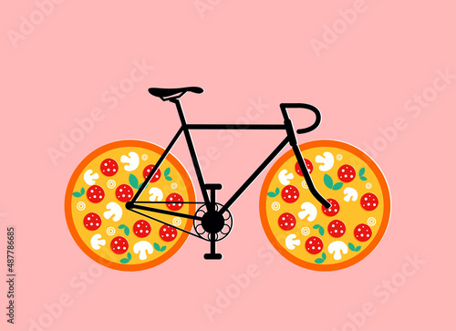 Pizza delivery bicycle funny concept with pizzas instead of wheels isolated on pink background. Food delivery concept. Vector illustration