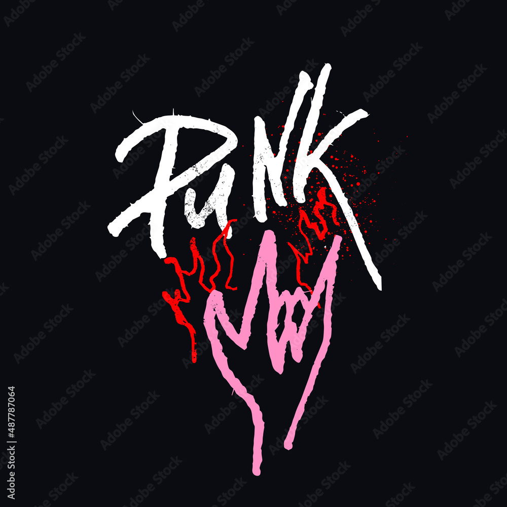 Hand drawn Punk rock doodle or logo with rock hand gesture isolated on black background. Vector illustration
