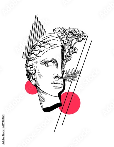 Statue face of greek goddess Aphrodite with red circles and flowers. Ancient portrait of marble sculpture in creative linear style. Head of woman in trendy broken style. Vector isolated illustration