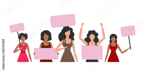 A large set of girls who came out to protest. The rebellious girl is shown to the waist. Isolated. Vector illustration.